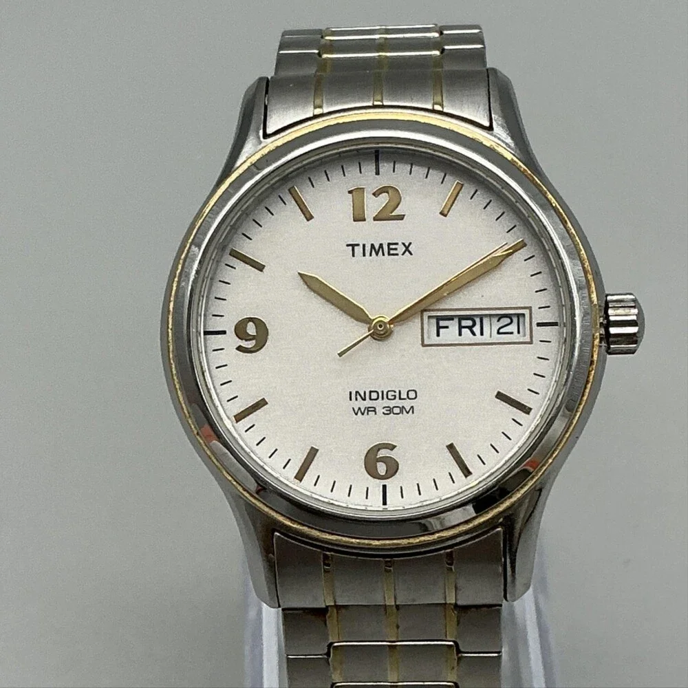 Timex Indiglo WR 30M Mens Watch 35mm White Dial Two Tone Bracelet New Battery